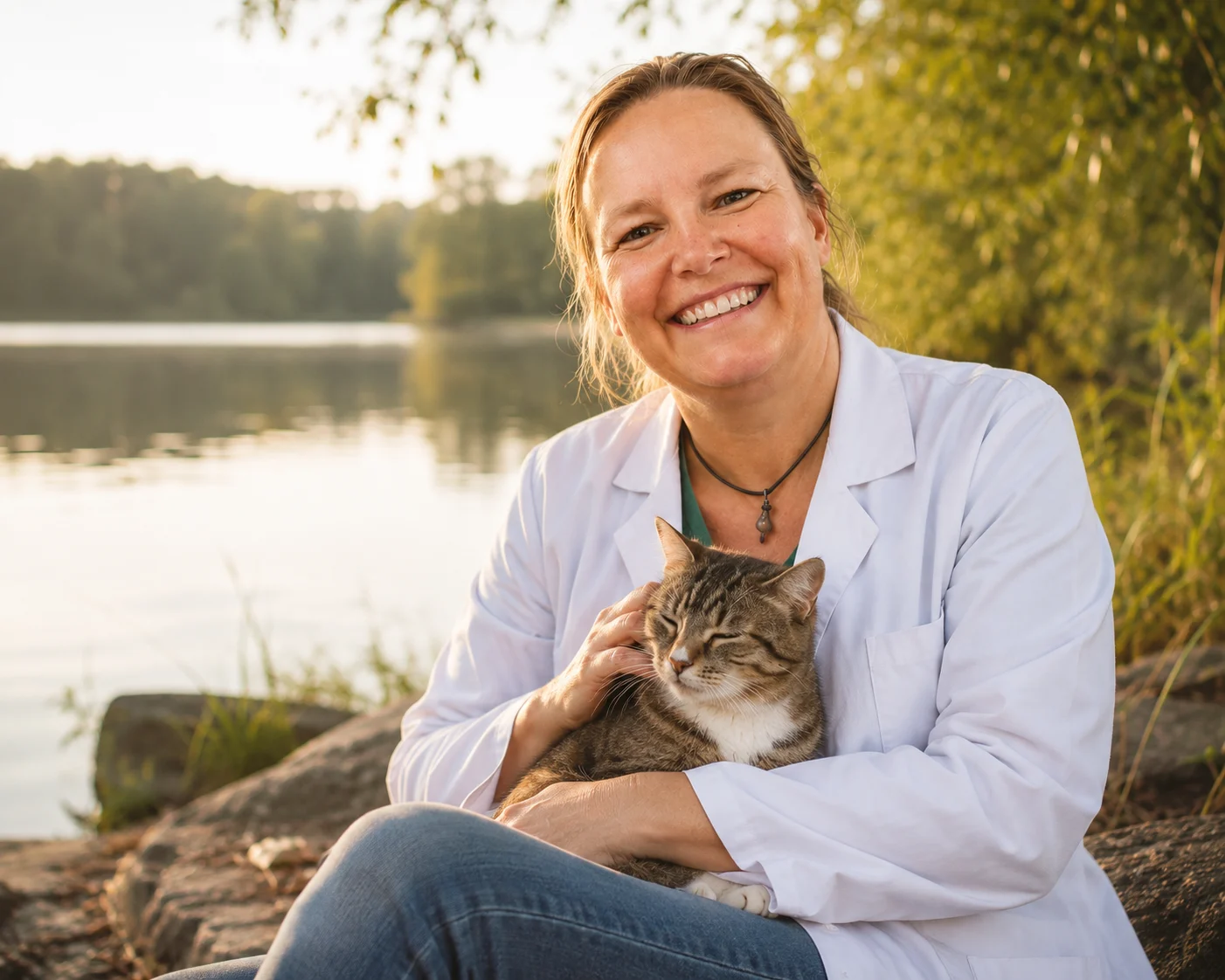 Tierärztin Eileen Heinrich sitzt an einem See und streichelt eine Katze auf ihrem Schoß